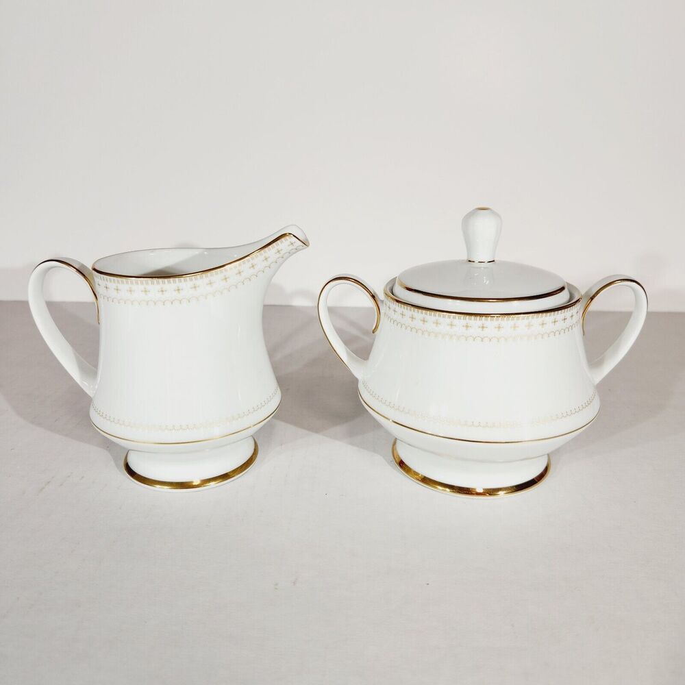 Noritake Barrington Sugar Creamer 2030 Gold Trim Footed Pedestal Cross Atomic
